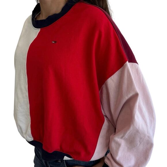 Tommy Hilfiger Denim Colorblock Sweatshirt XS Oversized Fit Retro Pullover - Picture 8 of 9